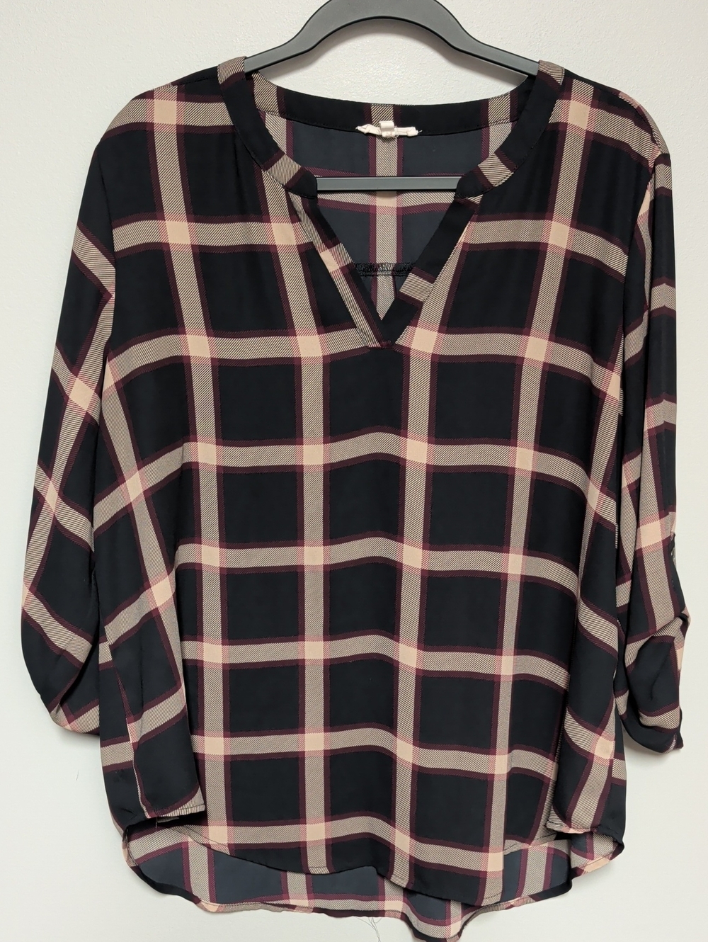 Maurices Black Plaid V-Neck Tunic with Pink and Cream Checks